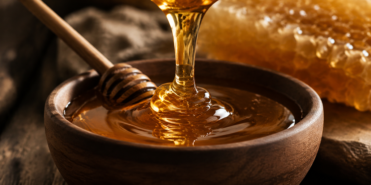 عسل طبيعي يصب في وعاء خشبي
